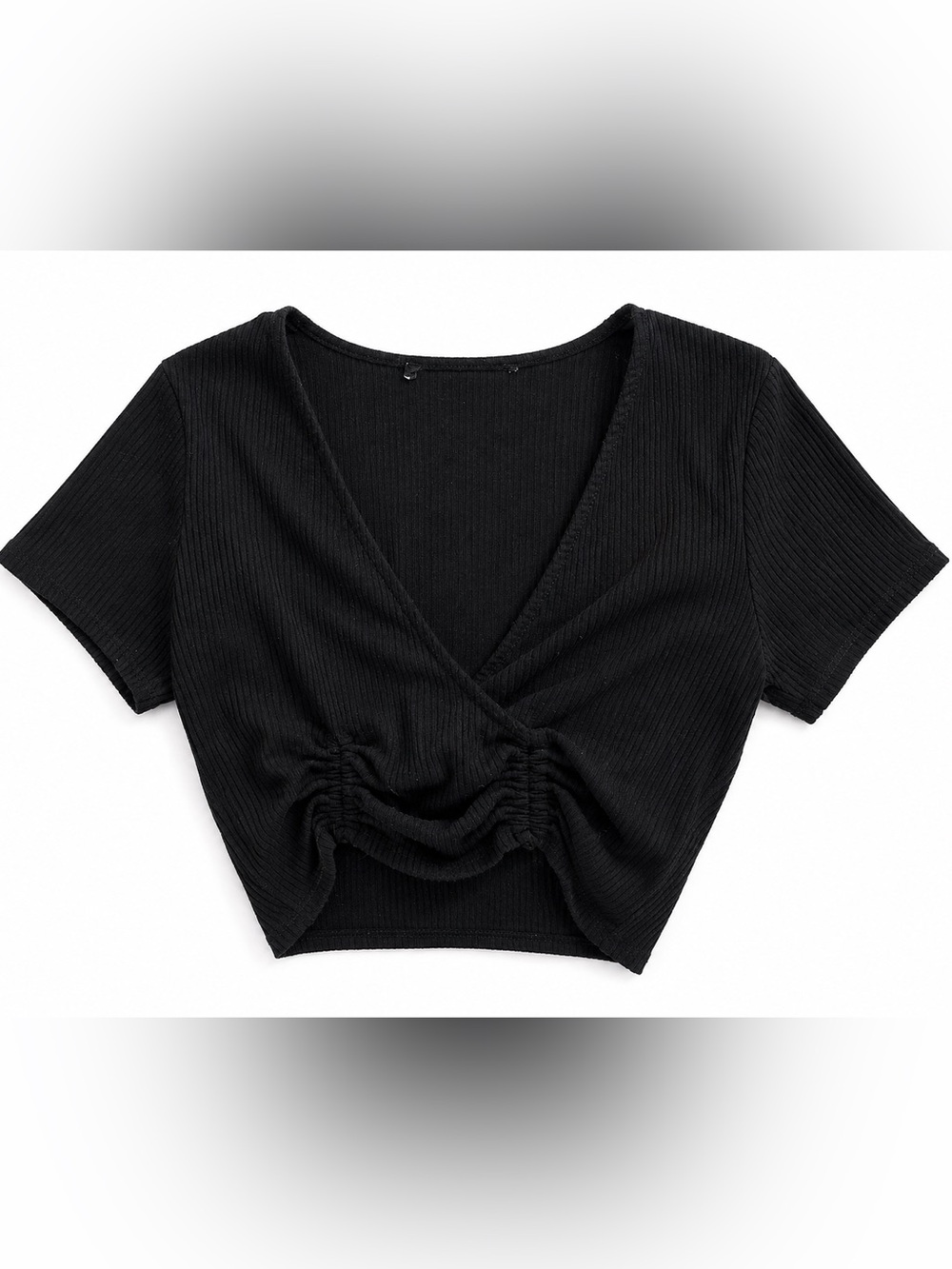 Amazon Black Ribbed Ruched V-Neck Crop Top